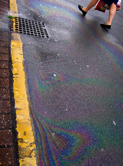 Motor oil leaked from individual vehicles -­ or outright dumped by homeowners and commercial garages -­ constitutes a significant chunk of storm water runoff, the fallen precipitation that runs off of roads and parking lots and inevitably finds its way into local water bodies
