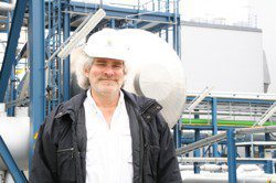 The author in his ill-fitting hard hat onsite at Schwarze Pumpe