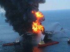 The Vermilion oil rig aflame in the Gulf of Mexico